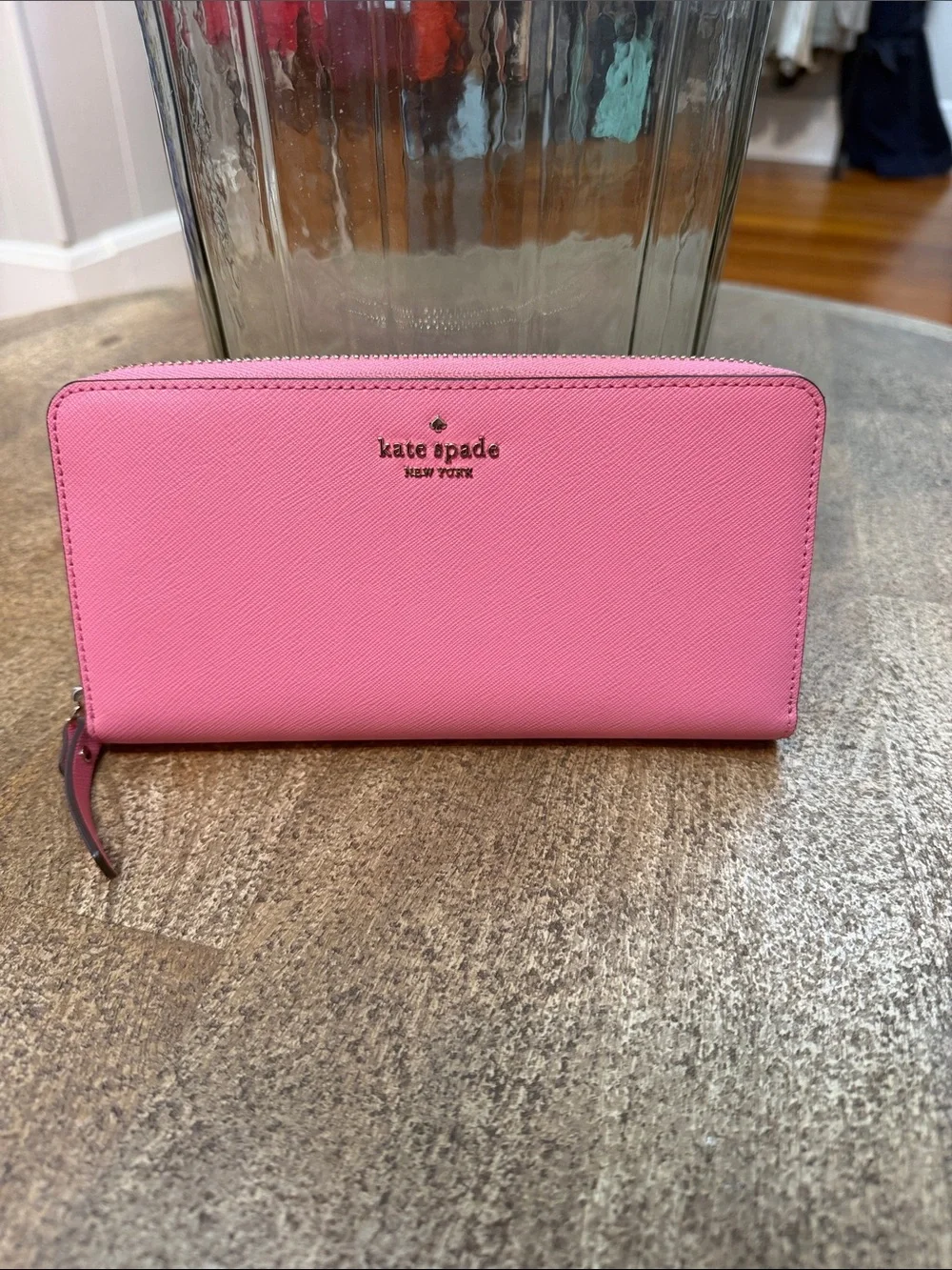kate spade Pink Saffiano Zip Wallet with Gold Logo